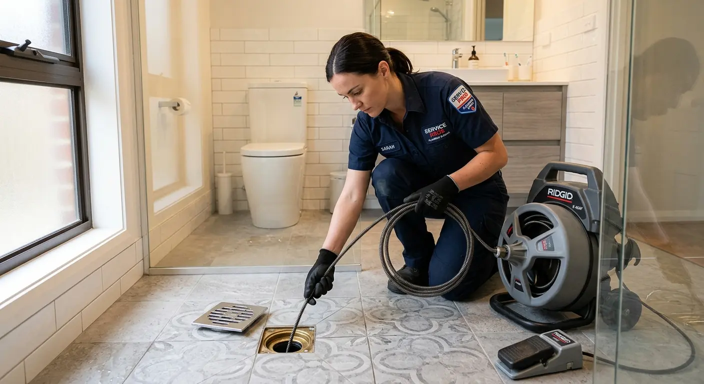 Technician clearing a bathroom floor drain for Hydro Jetting in Sanford